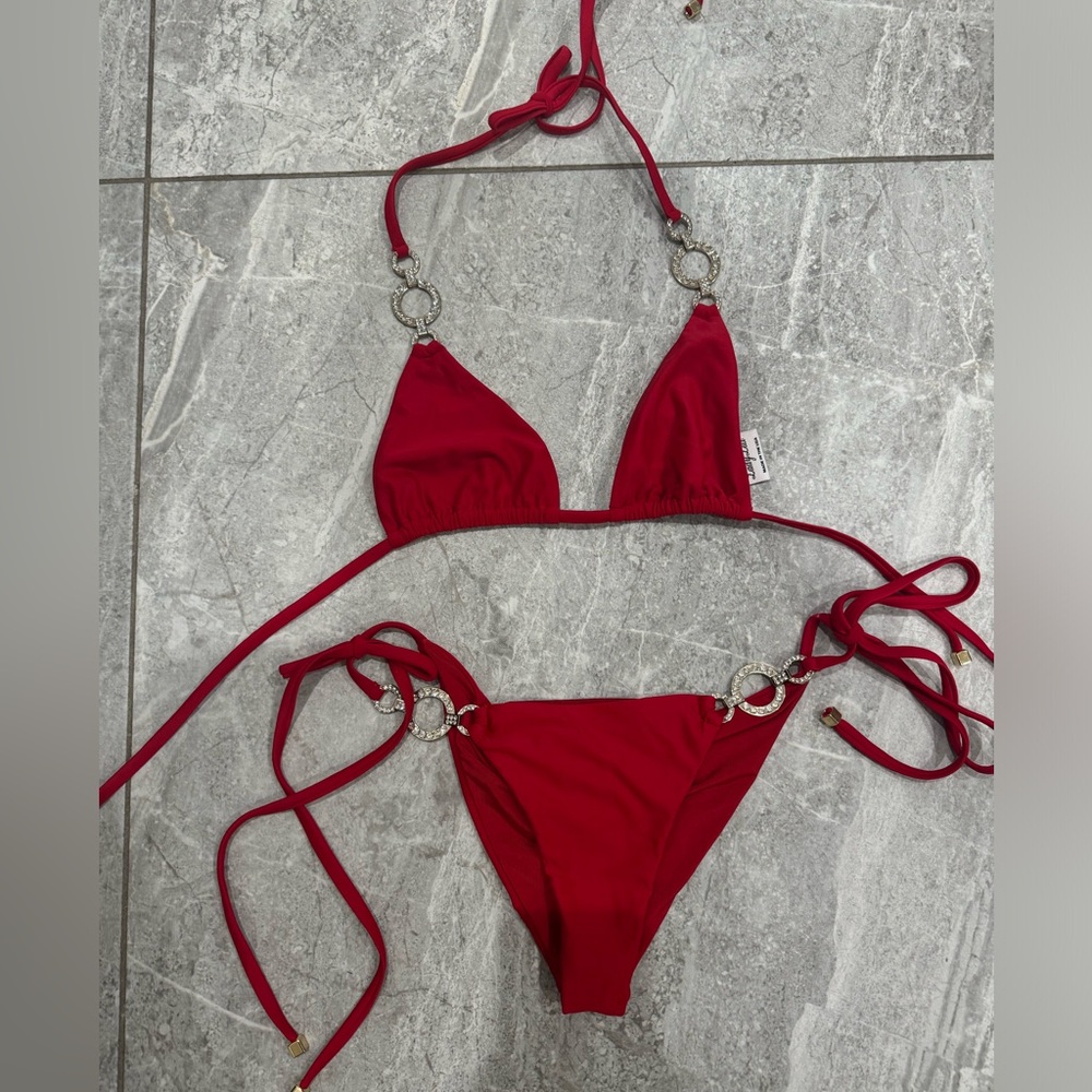 Red Ring-Detail Triangle Bikini Top & Tie-Side Bottoms - Women's Swim - Picture 2 of 4